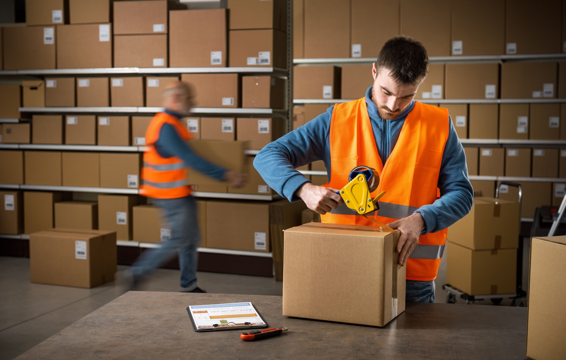 Worker sealing a box at the warehouse