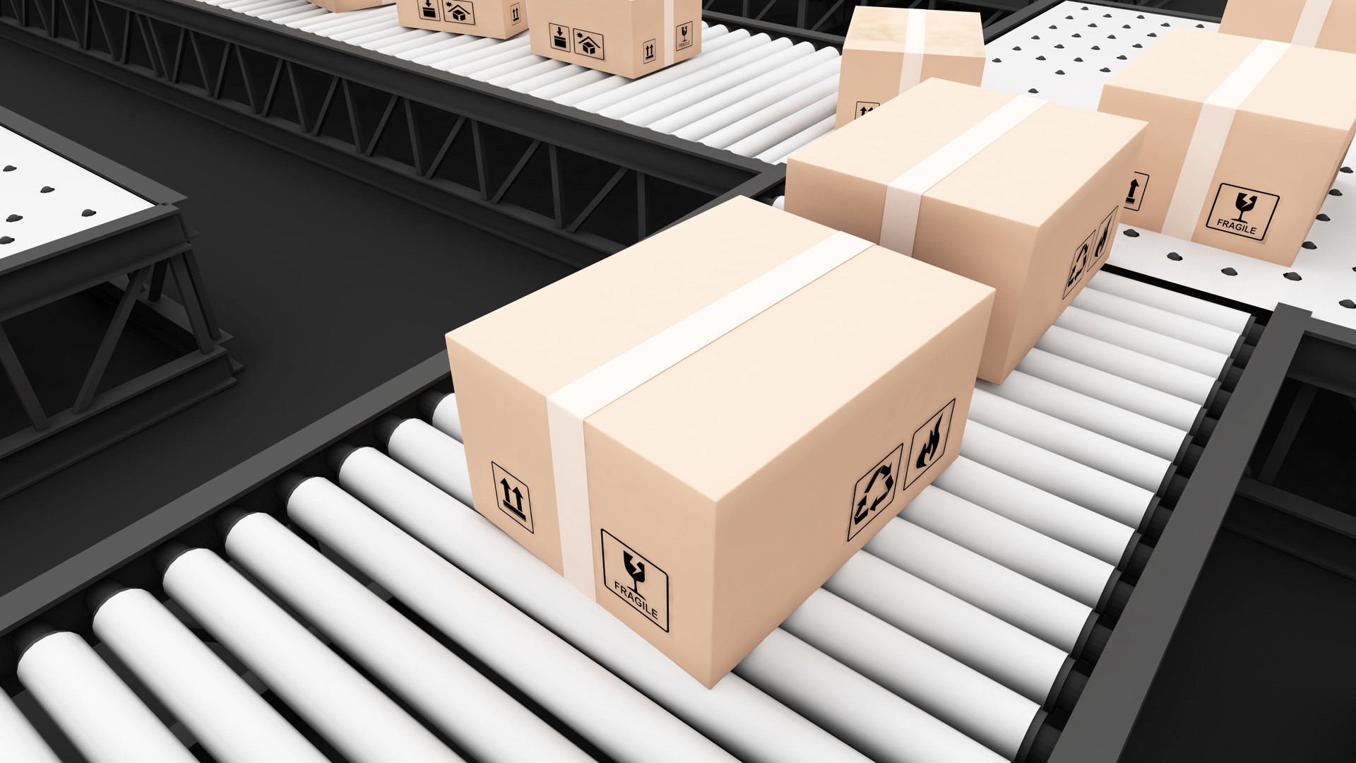 Use technology in rail systems in warehouses, warehousing and packaging, Auto-Trailing Systems and Products,3d rendering.